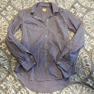 Blue Striped Button Up with Floral Details